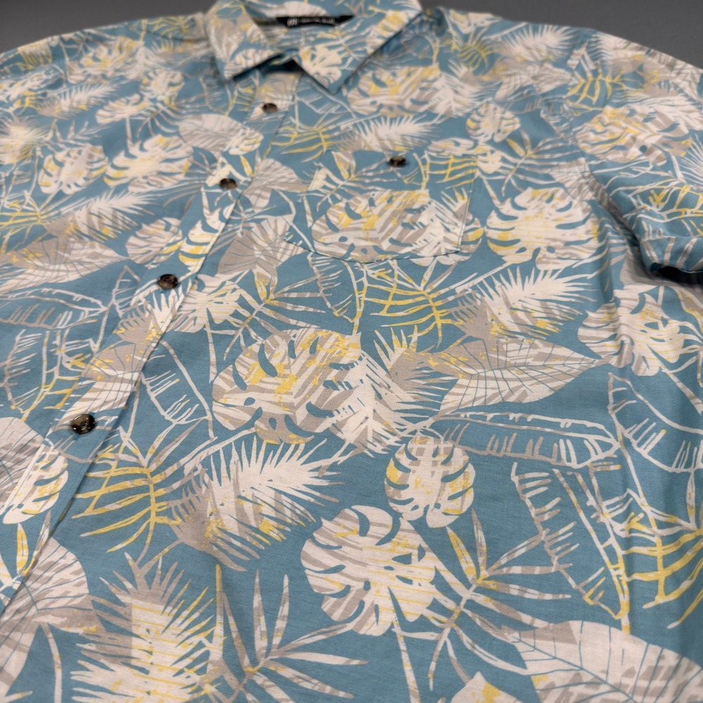 Travis Mathew Mens XXL Blue Tropical Monstera Palm Short Sleeve Button Up Shirt - Picture 4 of 8